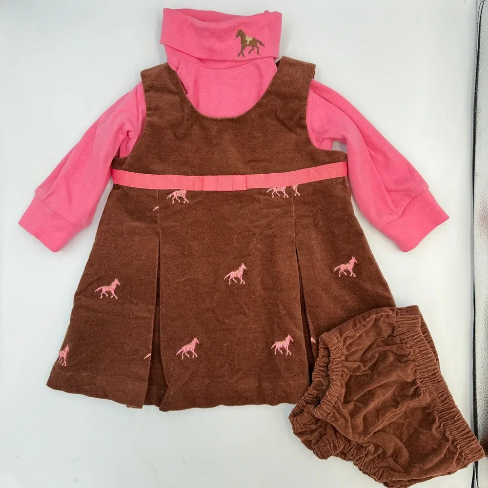 Hartstrings 12M‎ Embroidered Horse Dress 3 Pc Set Pink Brown Baby Girl Outfit